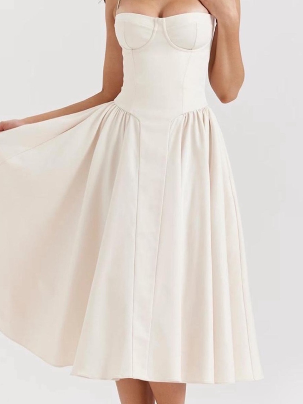 Strapless Cream Midi Fit-and-Flare Dress